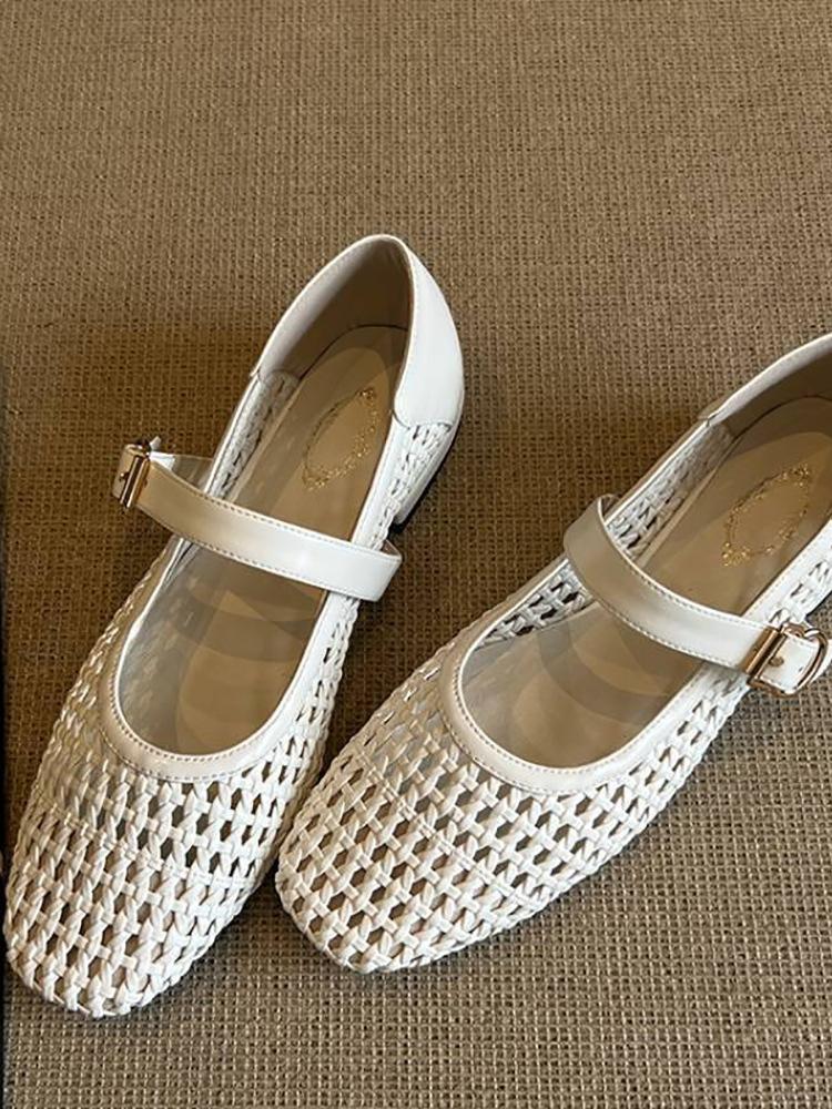 

Sheepskin version niche hollow retro woven one-word strap single shoes women s summer new flat Mary Jane shoes hole shoes 40