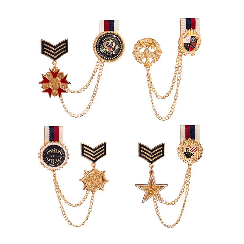 British Retro Shield Double Layer Chain Tassel Brooch with Eight-Pointed Star Emblem Lapel Pin