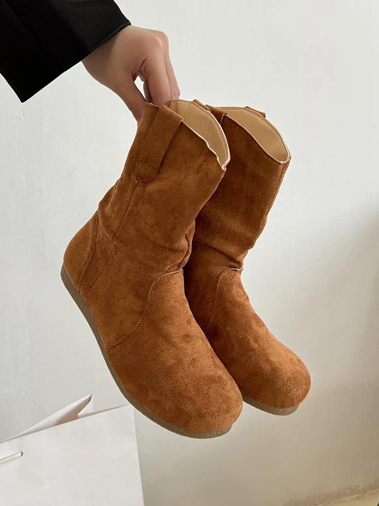 

Мода 2024 Новая Мода Плиссированные Сапоги Искусственная Замша Зимние Женские Слипоны Квадратный Низкий Каблук 42 верблюд