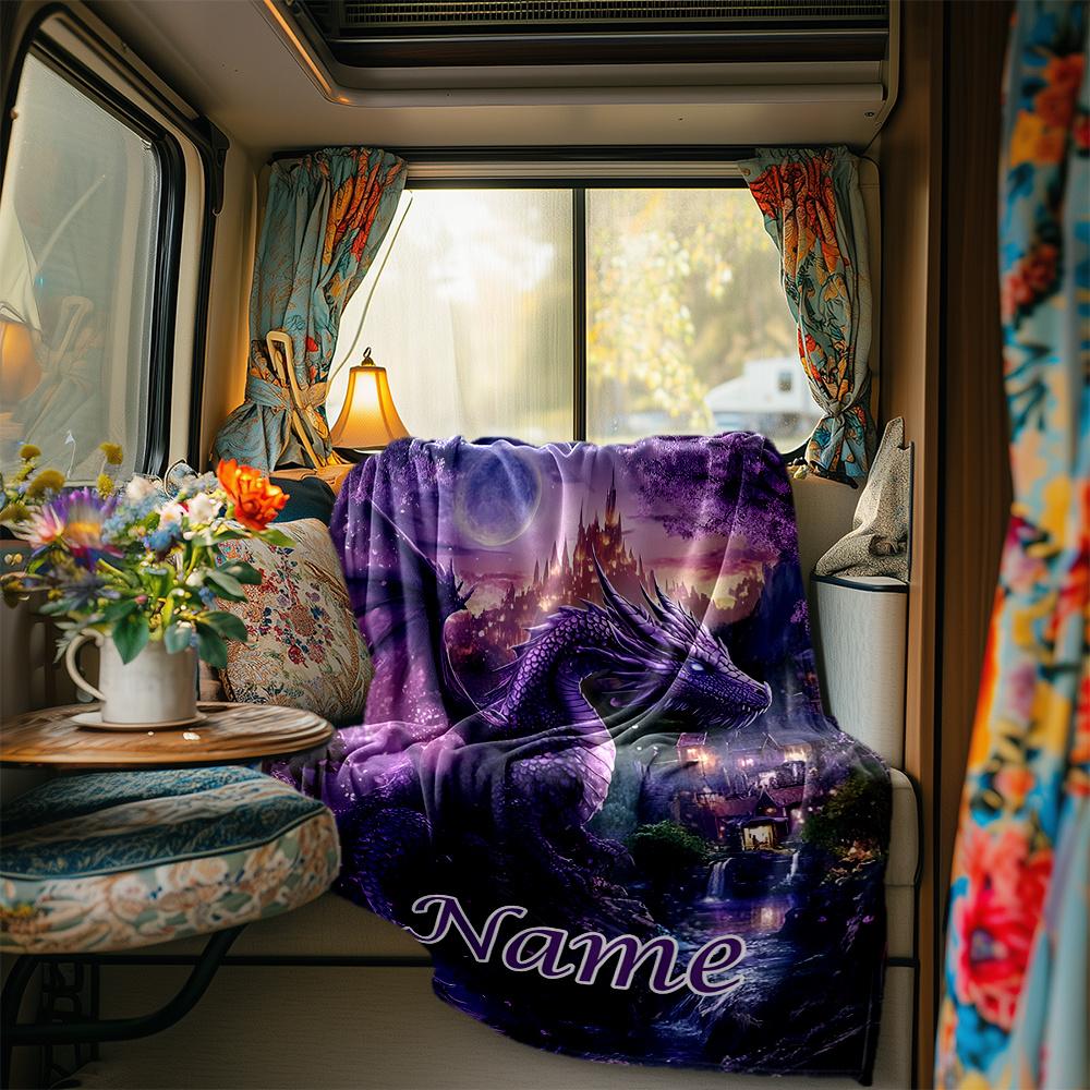 Mystical Dragon Overlooking Enchanted Castle Blanketcustomizable With Your Namecomfortable And Stylish Perfect For Travel Beds Chairs Offices Sofas