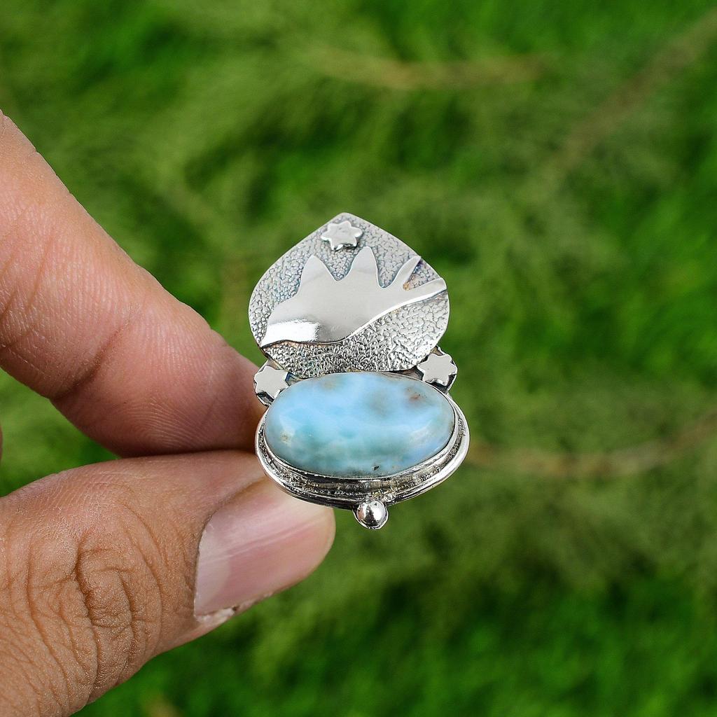 Natural Larimar Gemstone 925 Silver Multi Stone Bird Adjustable Ring For Women