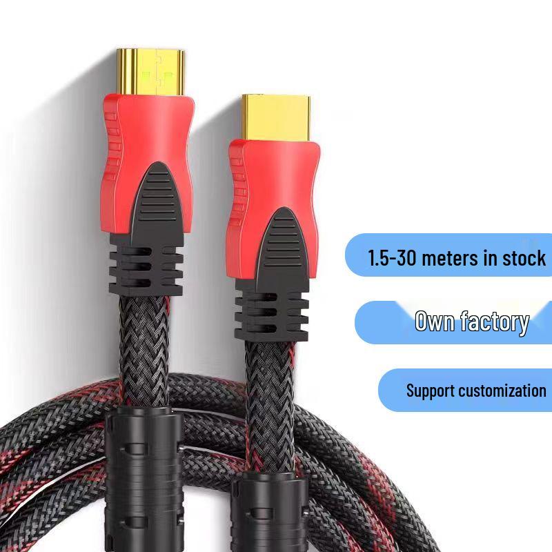 Manufacturer's High-Definition HDMI Cable, Version 1.4, Red and Black Mesh, 1.5 to 15 Meters, for Computer and TV.