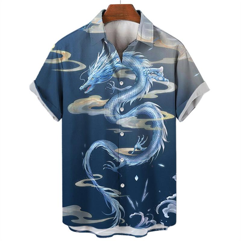Summer Men's Dragon Pattern Element Shirt Social Casual Vintage Hawaiian Shirt  New Oversize Short Sleeve Street Clothing