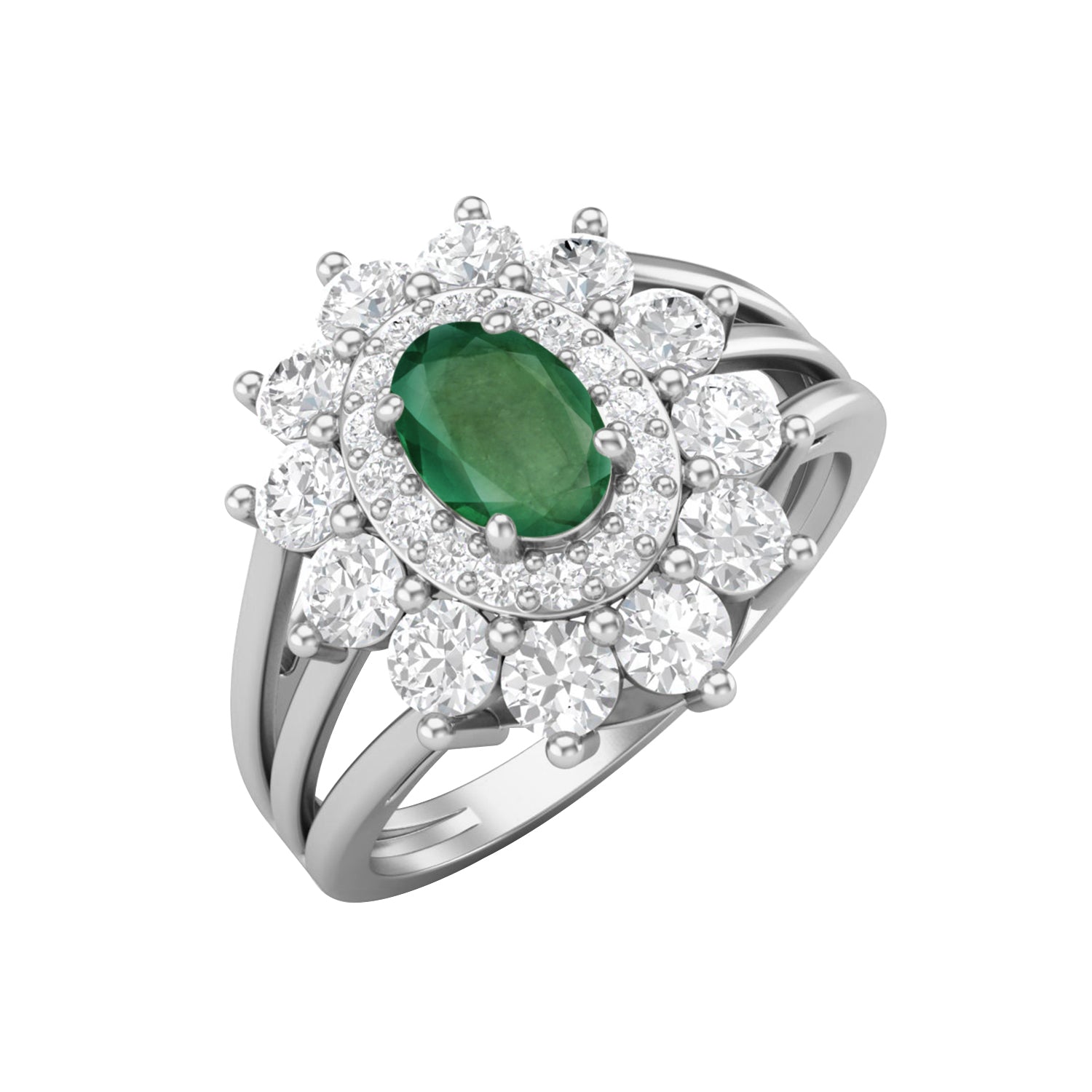 

6X4MM Oval Emerald Gemstone 925 Sterling Silver Halo Split Shank Ring 10 білий