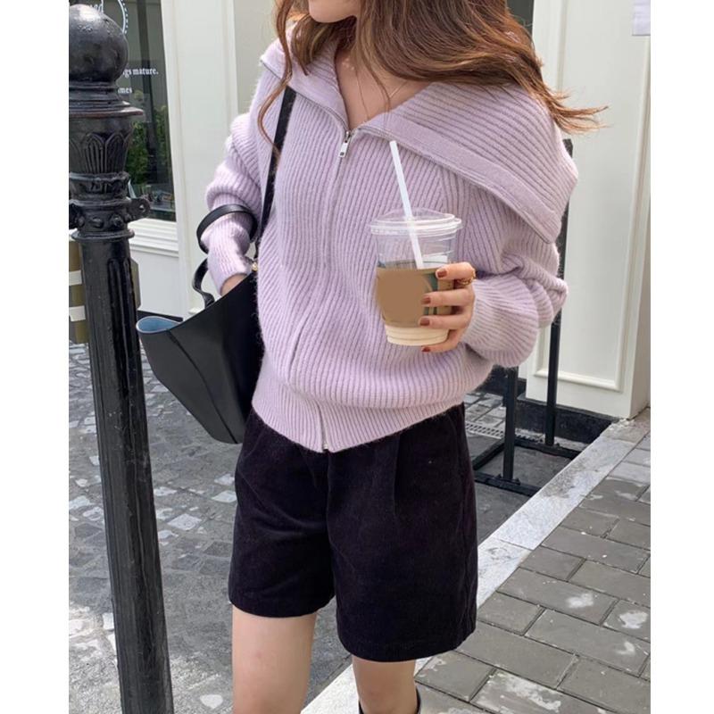 

Осень Зима Элегантный Вязаный Кардиган на Молнии Женский Свитер Длинный Рукав Повседневный Отложной Воротник Топ Однотонный Свободный Офисный Стиль Вязаная Куртка Одежда one size фиолетовый