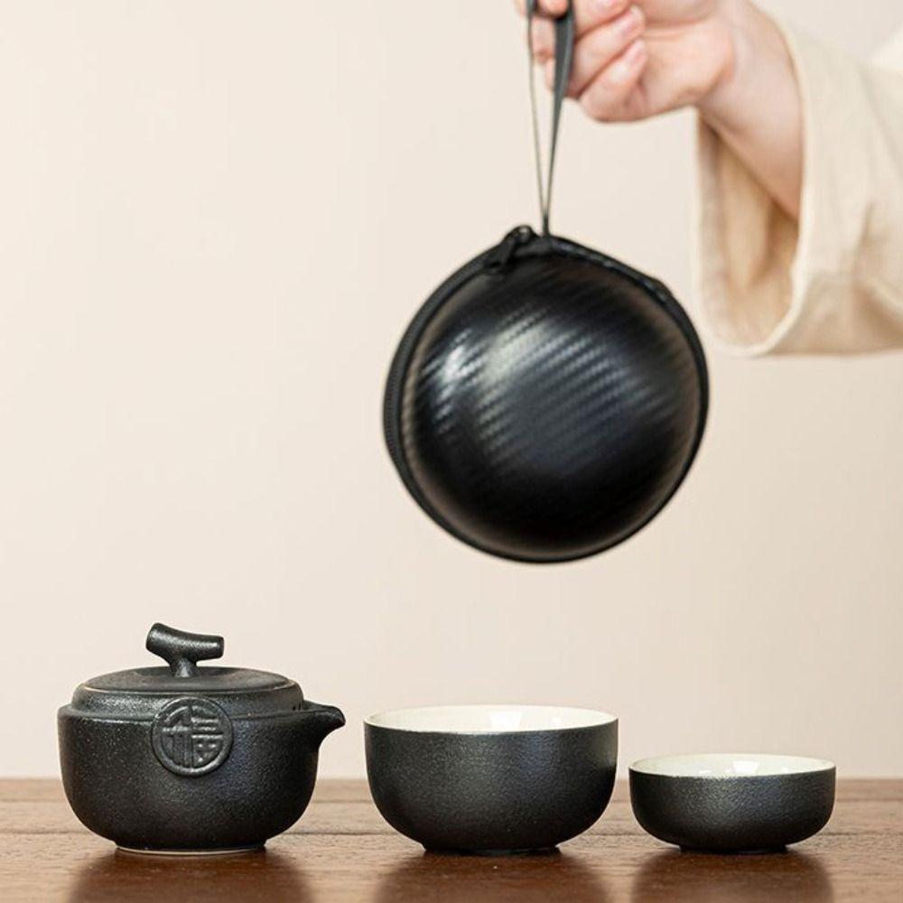Creative 2 in 1 Tea Ceremony Teapot Set with Storage Bag Mini Travel Teapot Ceramic Quick Cup Living Room