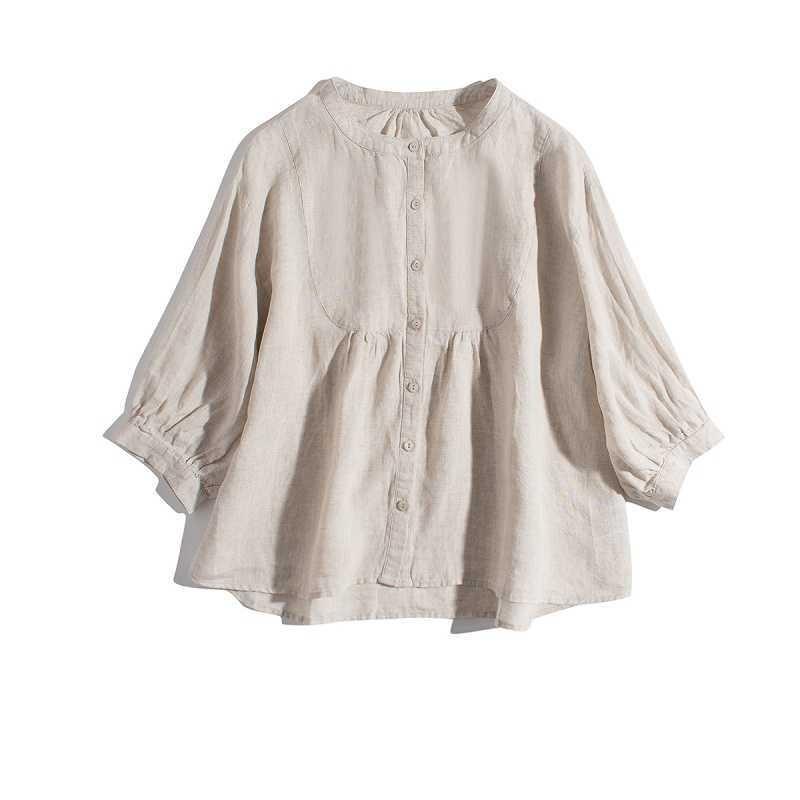

Single Breasted Solid Color Shirt O Neck Seven Quarter Sleeved Blouses Japanese Style Artistic Simple Loose Oversized Sun Protection Shirts XXL бежевий