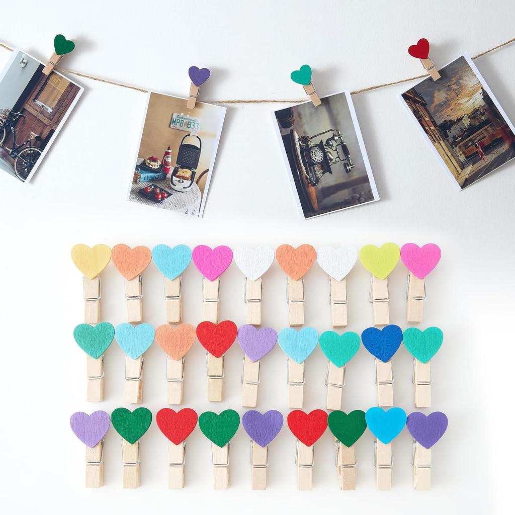 1.4 Inch Colored Wooden Heart Clothesp - 50Pcs Mini Cute Heart Clips, Small Clothes P for Photos, Classroom, Valentine's Day, Small Clips for