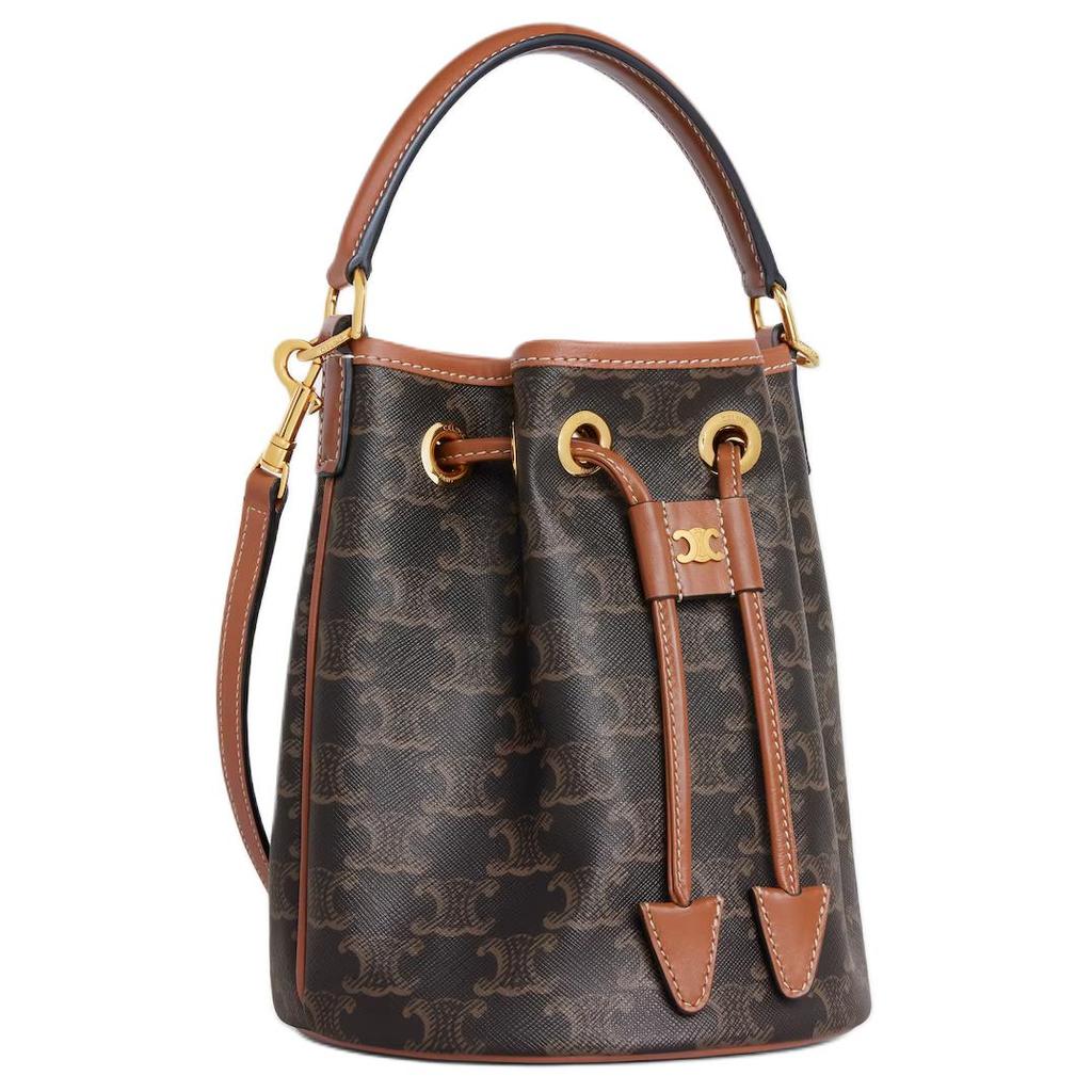 Celine Logo Print Drawstring Closure Leather Crossbody Tote Bag Women Handbags Brown 121672CAS-04LU