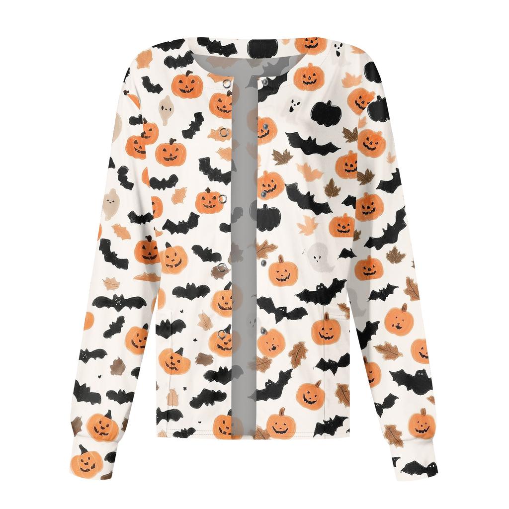 Women's Long Sleeve Single Breasted Halloween Print Scrub Cardigan Top for Nurses and Caregivers