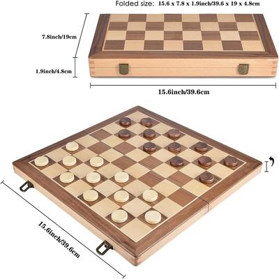 15Inch/39cm Wooden Chess &Checkers Set  Weighted Chess Pieces 2 Extra Queens 24 Checkers Storage Slots 2-in-1 Classic Board Game