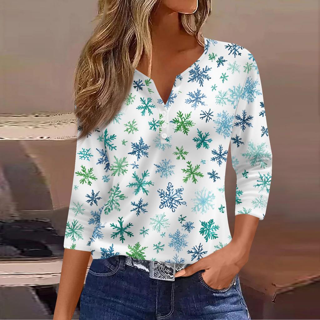 Women's Fashion Casual Christmas Tree Print V-Neck Decorative Button Three-Quarter Sleeve T-Shirt Top