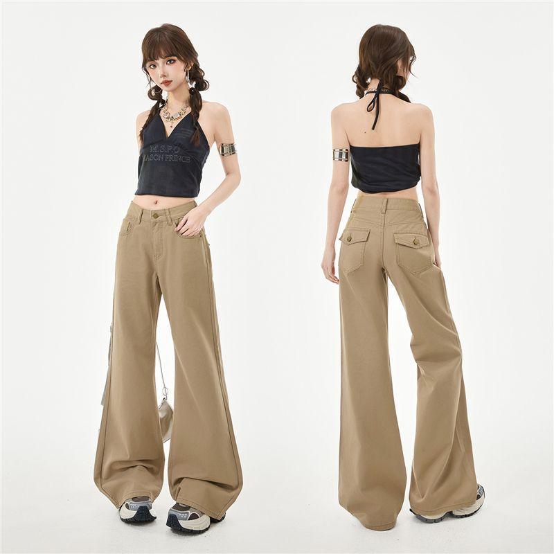 Spring Summer Pure Cotton Soft Comfort Micro Flare Flap Pocket Relaxed Flare Denim Pants For Women Casual Pants Oversize Denim Trousers