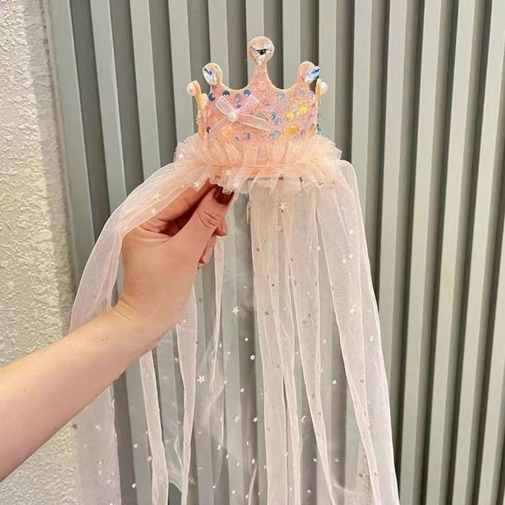 Sparkly Princess Crown Veil Headband Tulle Pink White Sequin Birthday Party Headwear Hair Accessories Glitter Dress Up Headbands
