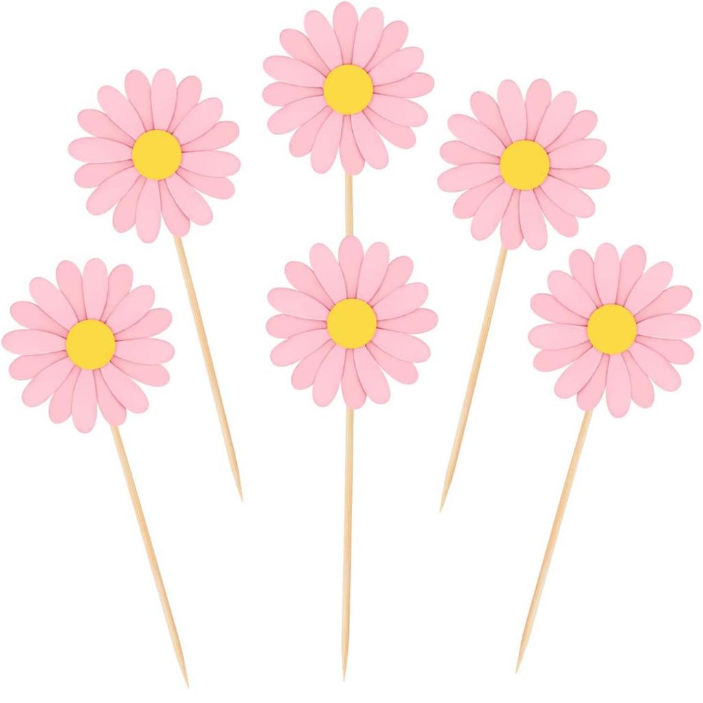 24Pcs Daisy Flower Cake Topper Toothpicks Chrysanthemum Cupcake Toppers Spring Daisy Flower Cake Picks for Birthday Supplies