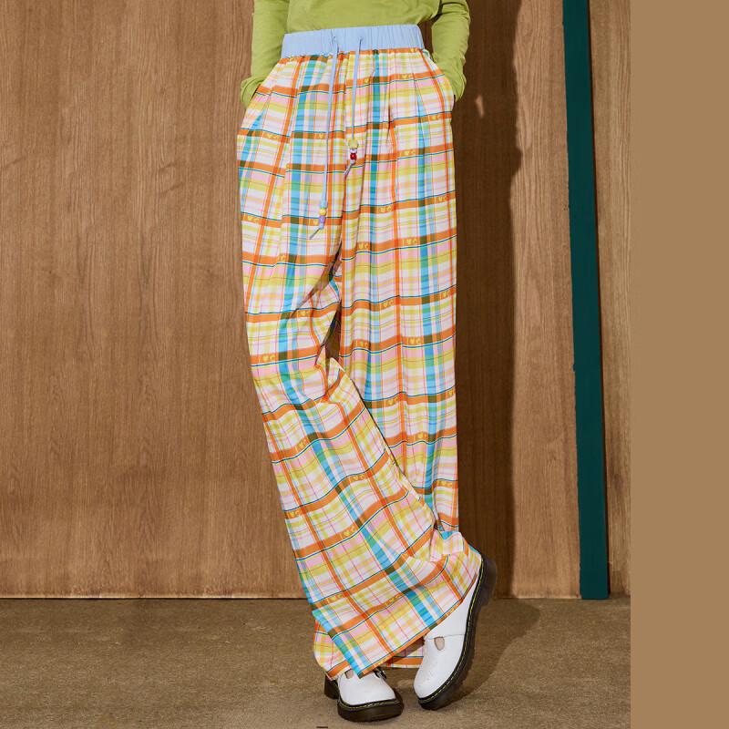 COOLHUT Women's Plaid Print Wide-Leg Cotton Casual Pants