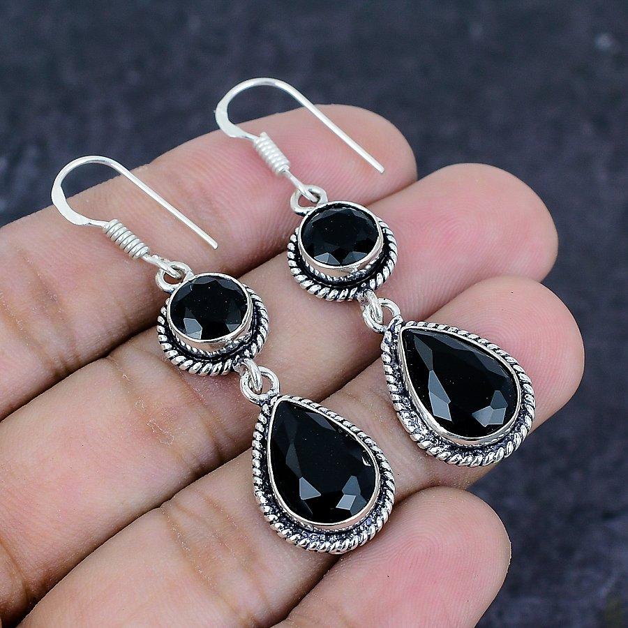Natural Black Spinel Gemstone Handmade 925 Sterling Silver Earring 2.17" R7y03