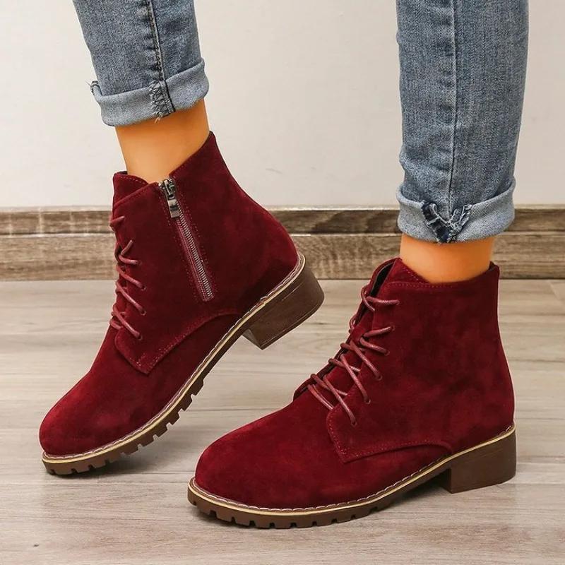 Retro Short Boots  Autumn Winter New Round Head Solid Color Simple Side Zipper Versatile Anti Slip Women's Shoes Large Size