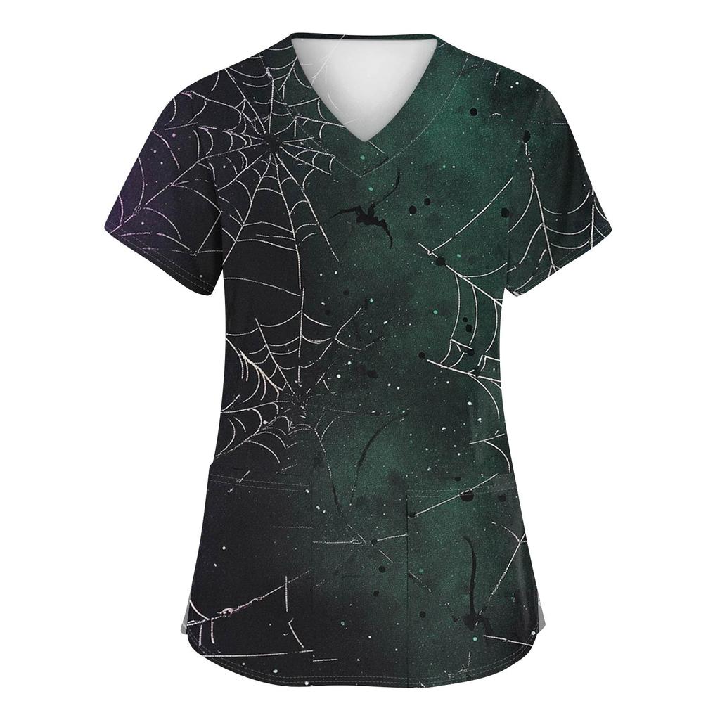 Women's Fashion V-neck Short-sleeved Work Uniform With Pockets, Halloween Print Top