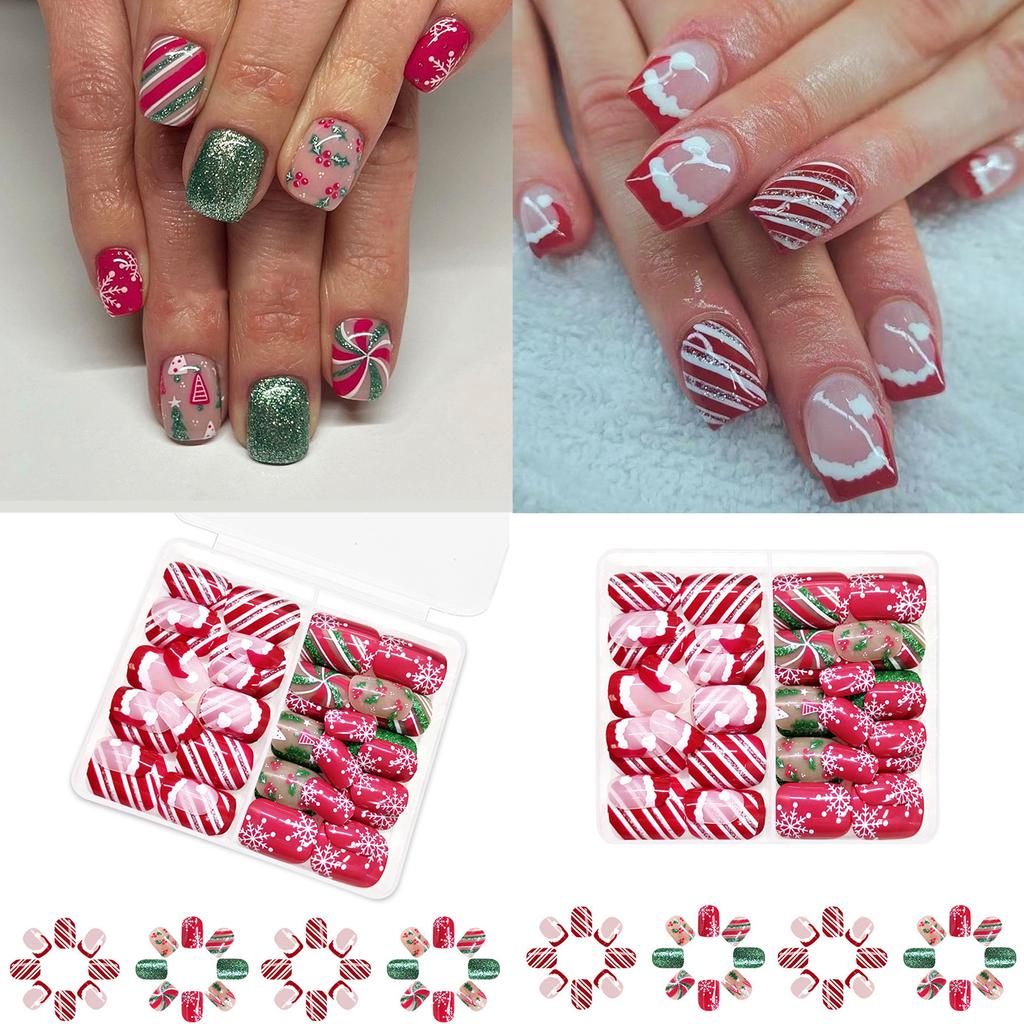 Christmas Full Cover Stick On Nails Lines Press On Nails Short Square False Nails Glittering Artificial Nails for Winter
