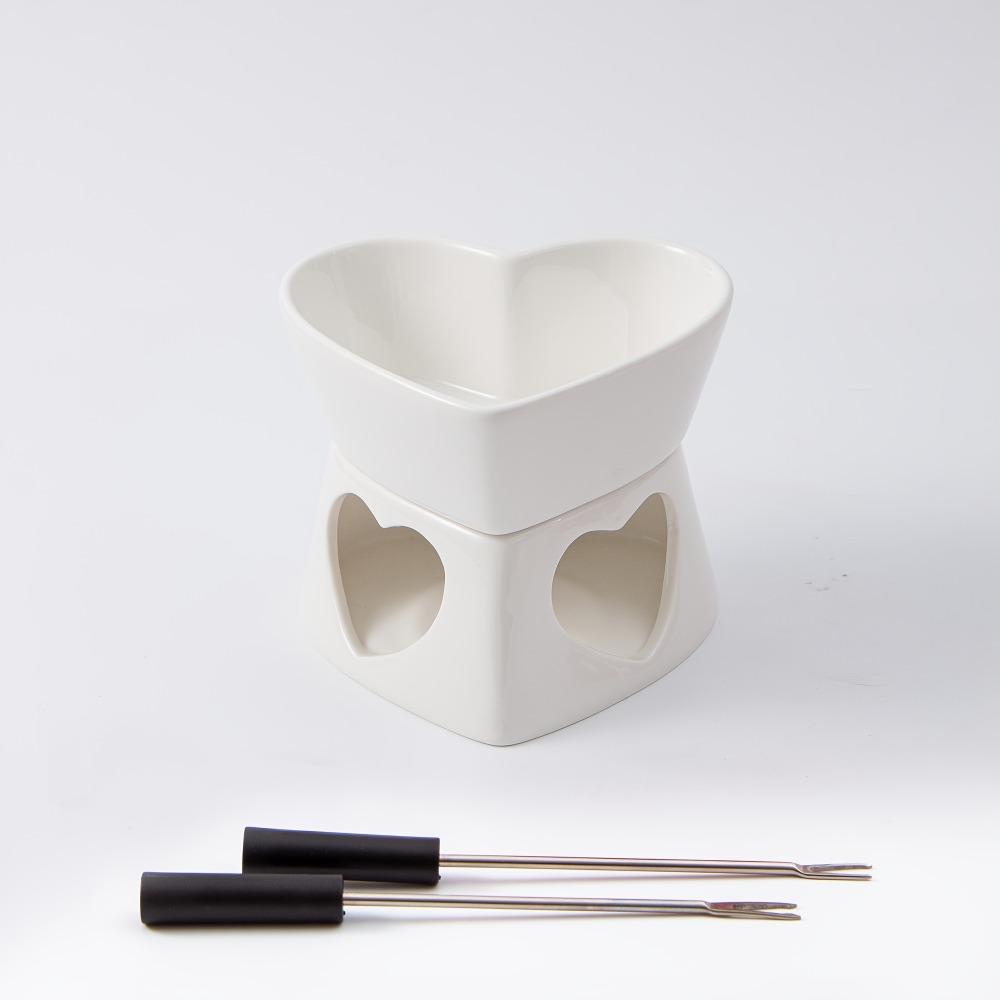 

Butter Ceramic Warmer Set Fondue Pot Melting Pot Set Melt Hot Pot Heart Shaped Bowl For Cheese Chocolate Caramel With Forks