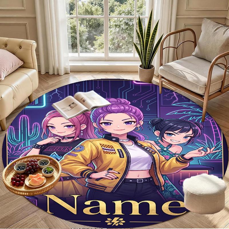 Custom Name Personalized Kpop Demon Hunter Print Round Rug, Versatile Home Decor Carpet, for Playroom, Apartment, Balcony, Entryway, Hallway Gift