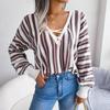 Chic Women's Loose Knitted Sweater with Balloon Sleeve and Contrast Stripe Tie, All Match Tops for Fall Winter