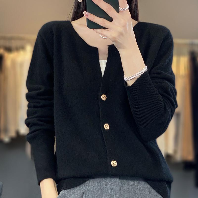 2023 Women's Pure Wool V-Neck Cashmere Cardigan - Solid Color Knit, Loose Fit