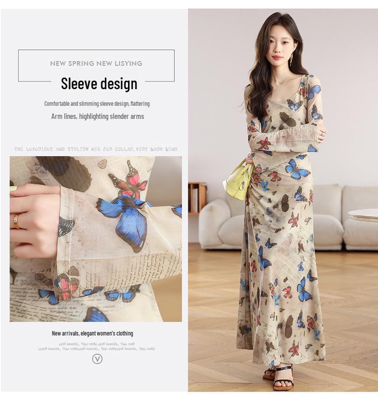 Retro Butterfly Print Long-Sleeve Dress - Slim Fit, Sexy Ruched Waist