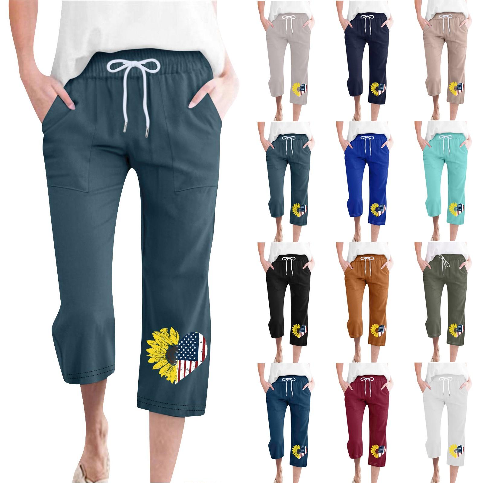 

Женские модные повседневные свободные брюки с принтом на День независимости, хлопковые льняные брюки 7/10