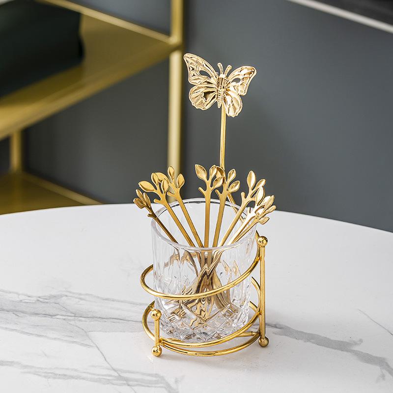 

Стеклянная чашка Набор кофейных ложек из нержавеющей стали Банка для хранения Железная подставка Штуки Кухонный органайзер Дом Ресторан белый