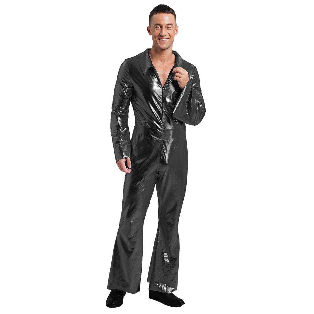 Mens 70s Disco Jumpsuit Metallic Shiny Design Lapel Flare Sleeve Front Zipper Wide Leg Pants