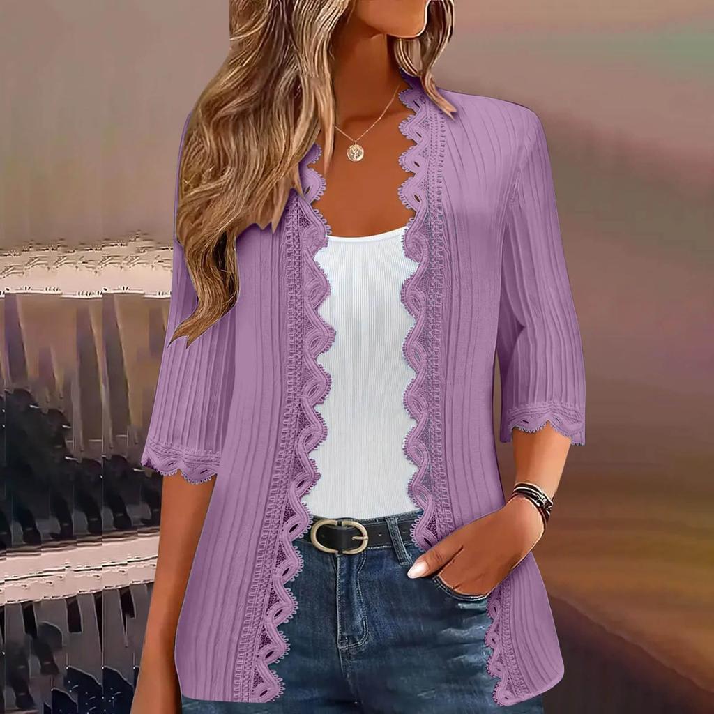 Women's Fashion Casual Seven Split Sleeve Solid Color Lace Cardigan Jacket