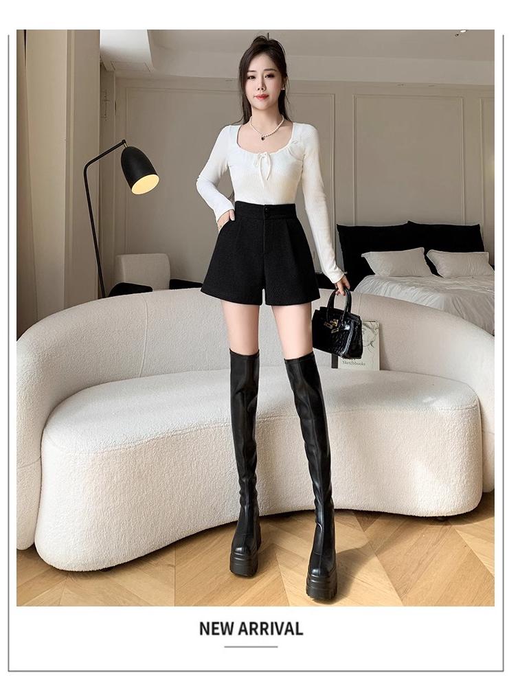 Dámské vlněné šortky s vysokým pasem ve střihu A - Korejský styl, volný střih, ideální na jaro/podzim