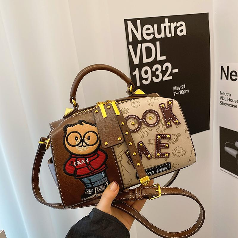 

Маленькая ретро-сумка-тоут в стиле Бостон, модный принт с мишкой, универсальные сумки через плечо и кроссбоди для женщин, сумочка коричневый
