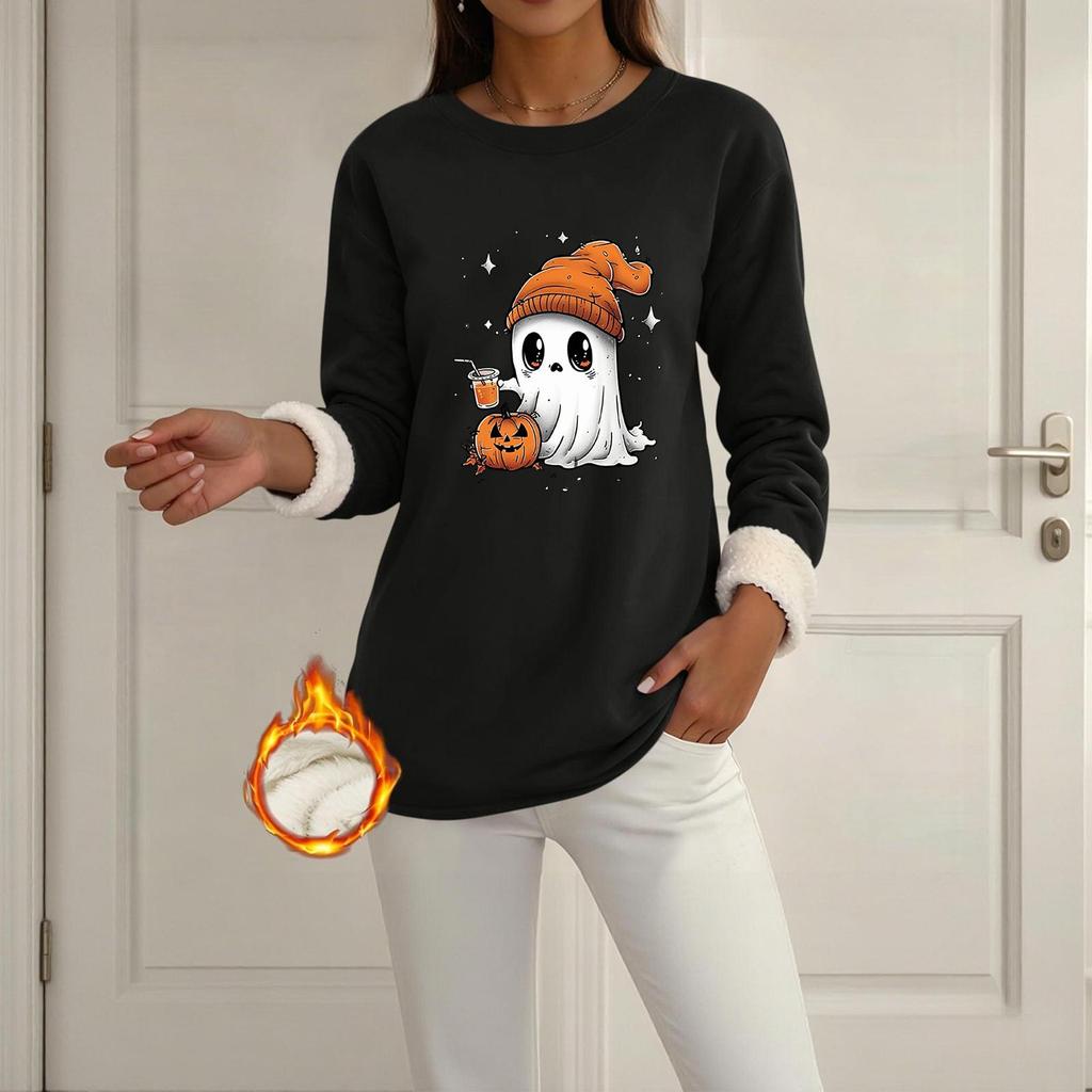 Women's Lined Long Sleeve Round Neck Halloween Print Top for Winter Casual Wear