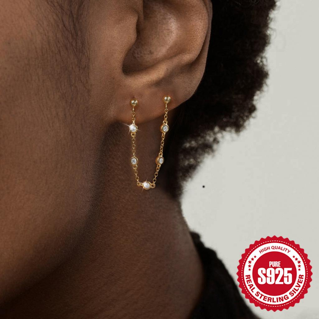 Stylish And Simple S925 Sterling Silver Heart-Shaped Love Diamond-Encrusted Chain-Type Fringed Earrings, Stud Earrings, Earline Women