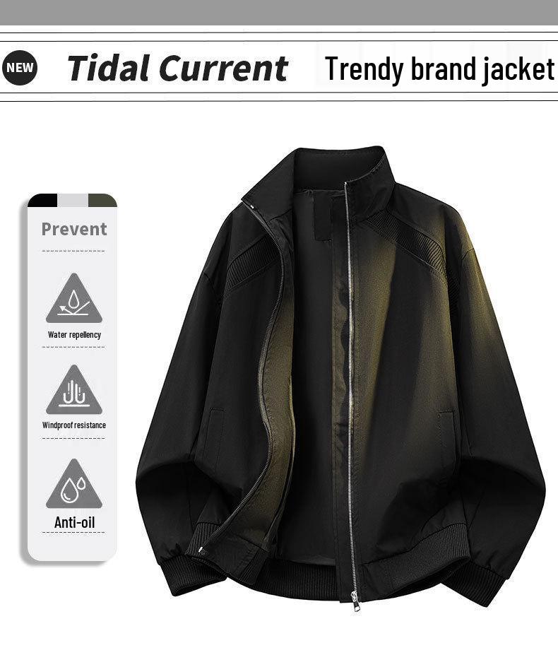 Men's Trendy Patchwork Stand Collar Windproof Jacket - Loose Fit Spring/Autumn Coach Workwear