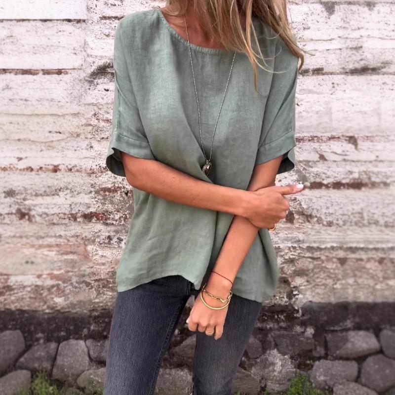 Spring Summer Round Neck Long Sleeved Loose T-shirt Top for Women Shirt