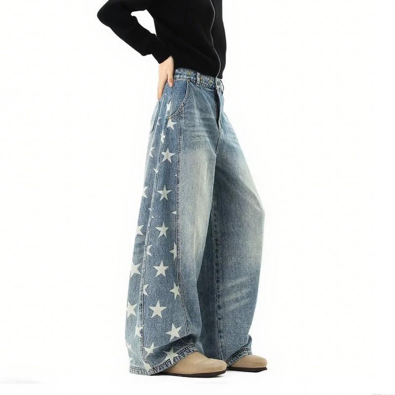 American Fashion Brand Five-star Printed Machete Jeans Women's Trend Oversize Loose Wide-leg Denim Pants