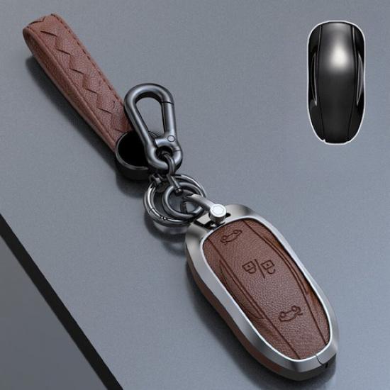 Zinc Alloy Leather Car Remote Key Fob Case Cover Bag For Tesla Model 3 Model S