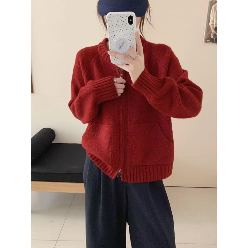 Autumn and winter new double pocket zipper knitted cardigan women's loose casual double head zipper knitted sweater jacket