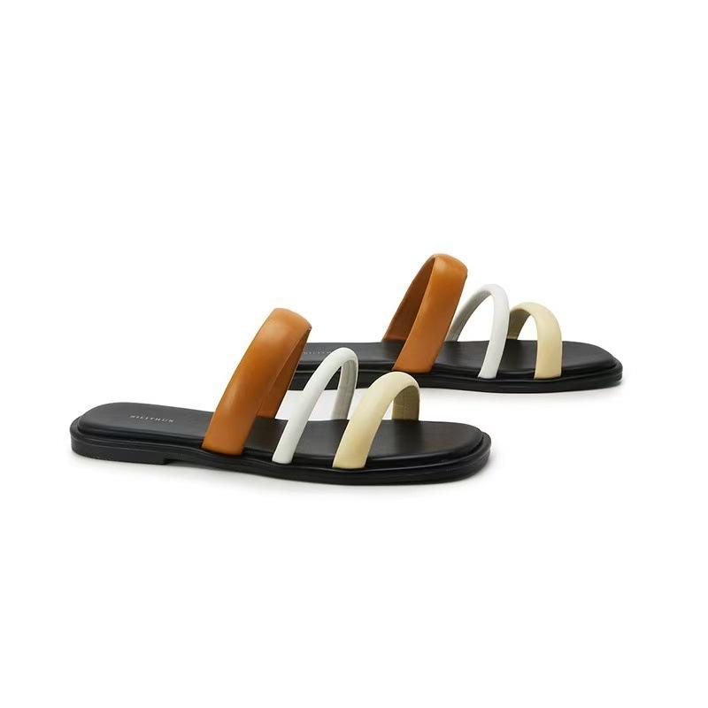 White-naped crane fashion bottom thick heel flat sandals women open-toed creative double belt sandals beach