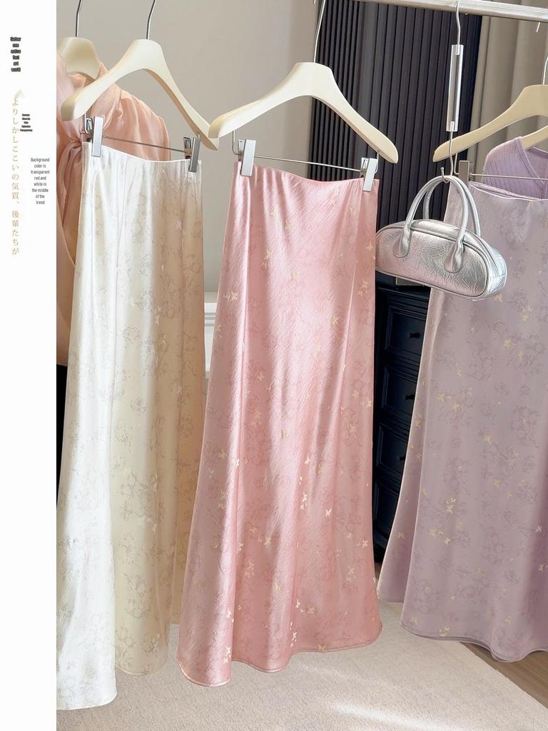 Retro High-Waist Silk Acetate A-line Butterfly Jacquard Fishtail Midi Skirt for Women