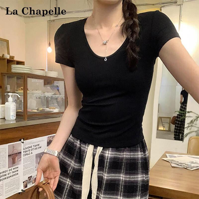 La Chapelle Women's U-Neck Ribbed Slim Fit Short Sleeve T-Shirt