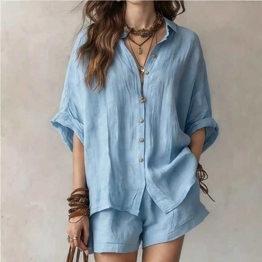 2026 Spring/Summer Women's Solid Color Loose Button-Down Shirt and Shorts Fashion Casual Set