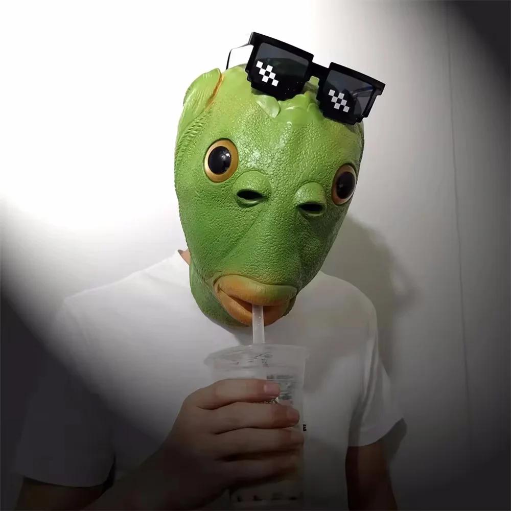 Halloween Masquerade Mask Cosplay Green Fish Head Latex Mask Everyday Funny Gift Carnival Party Festival Cosplay Costume Mask