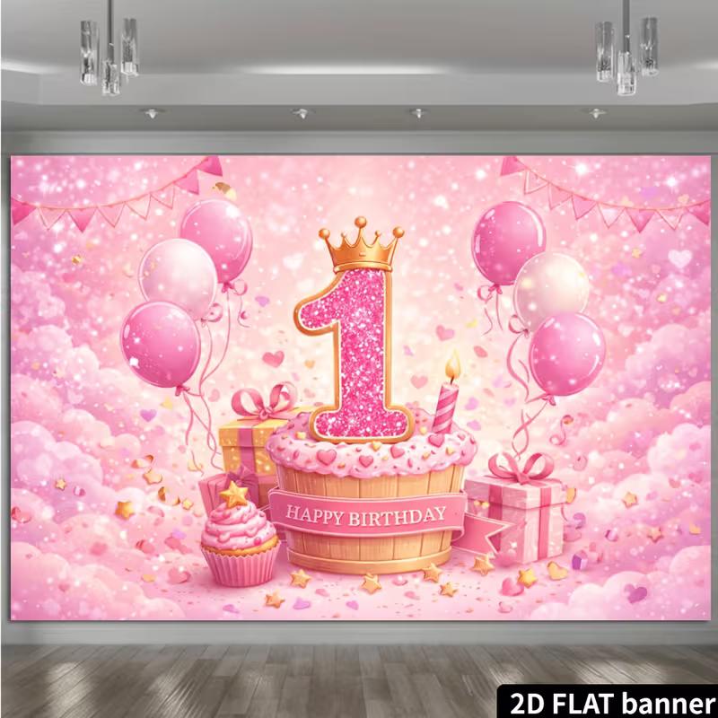 2D Glam Pink Purple 21st Birthday Backdrop with Crown and Gemstones Party Decor Banner