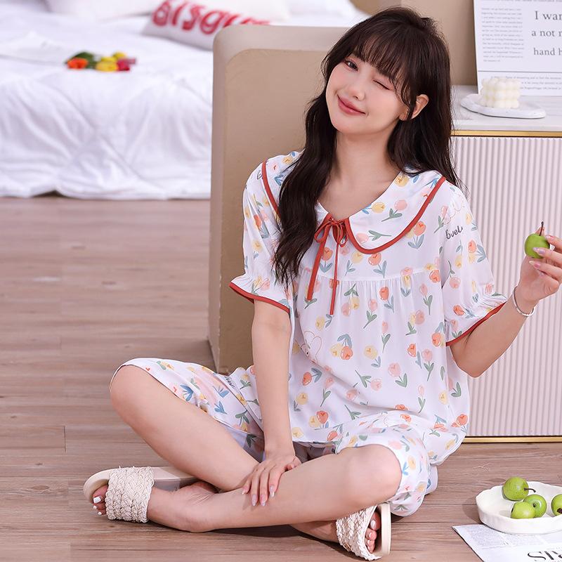 Summer day new pajamas women's short-sleeved cropped pants 10 pcs faux cotton silk set petal collar quality loungewear