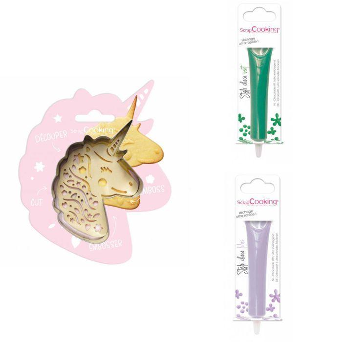 Kit pour biscuit en relief Licorne + 2 Stylos au chocolat vert et lilas